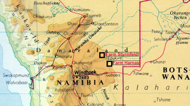 Die Lage der Farm Sturmfeld in Namibia